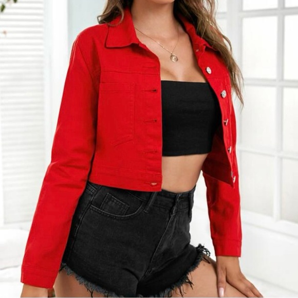 Red Cropped Denim Jacket - Picture 3 of 4